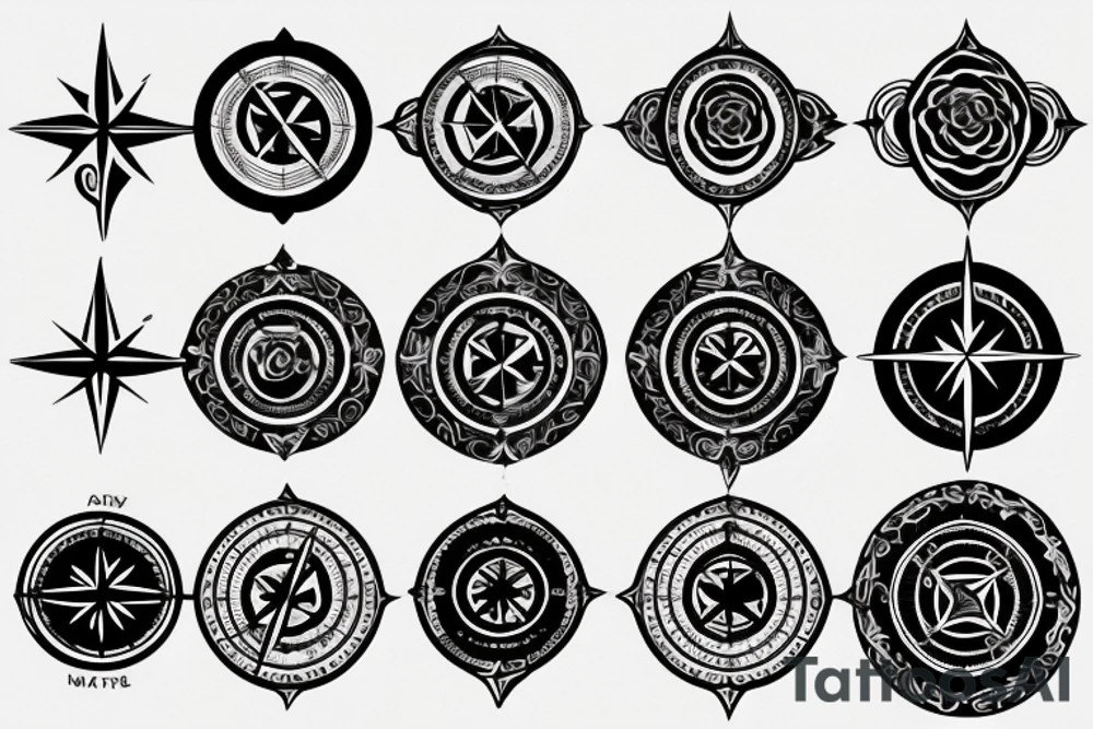 Compass, black rose, moon tattoo idea