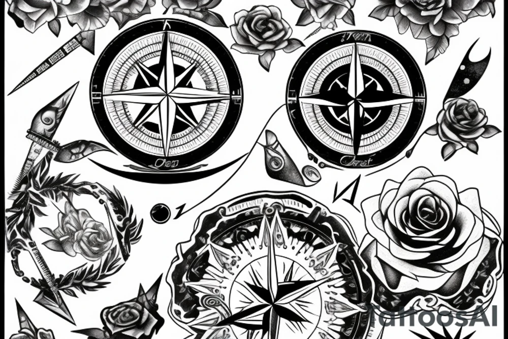 Compass, black rose, moon tattoo idea