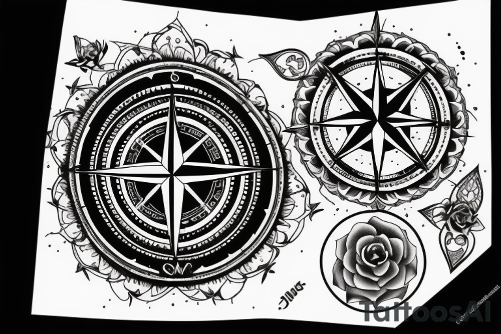 Compass, black rose, moon tattoo idea