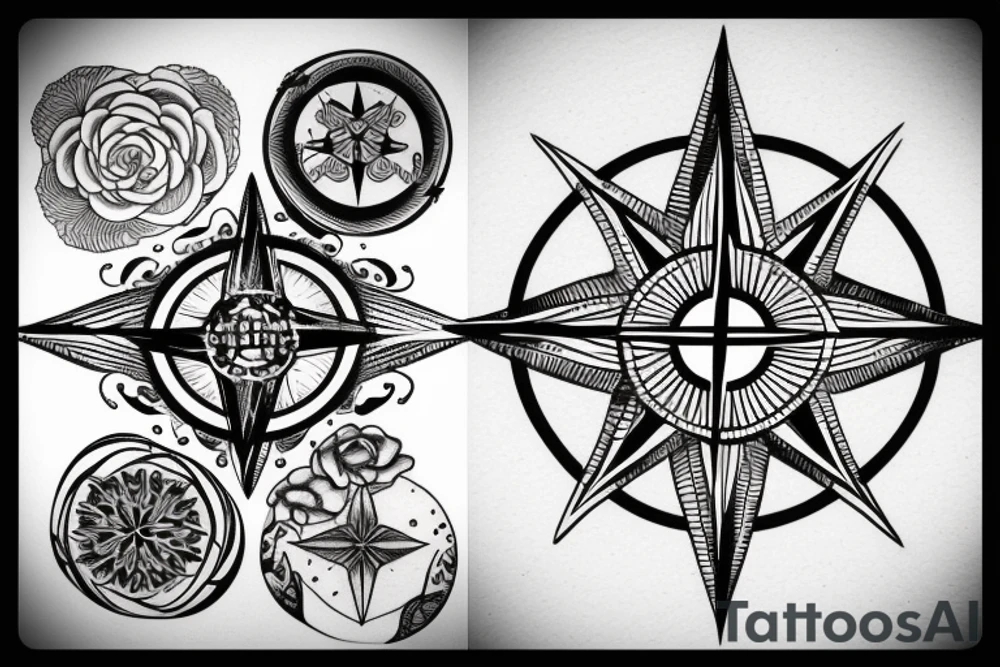 Compass, black rose, moon tattoo idea