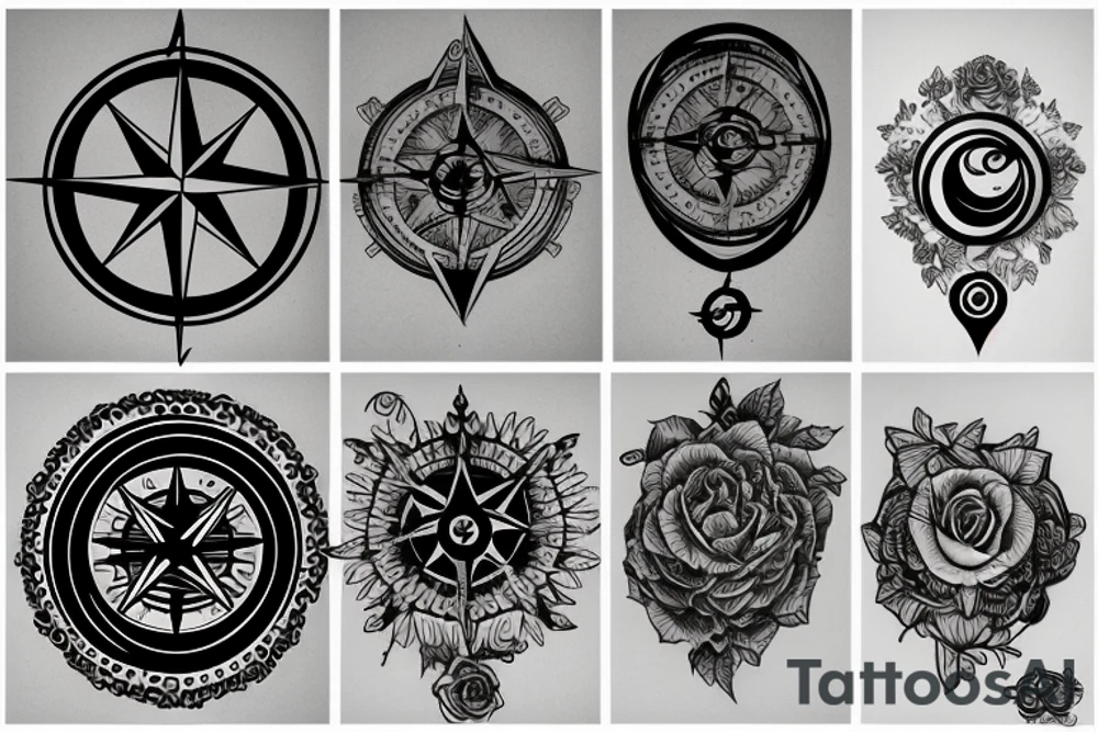 Compass, black rose, moon tattoo idea