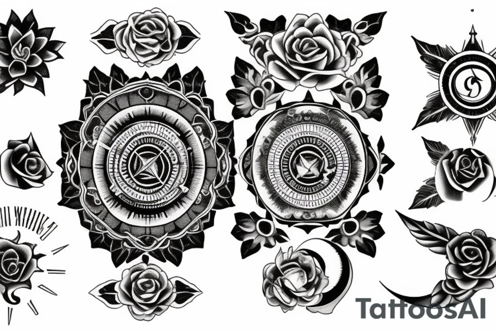 Compass, black rose, moon tattoo idea