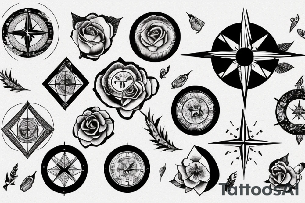 Compass, black rose, moon tattoo idea