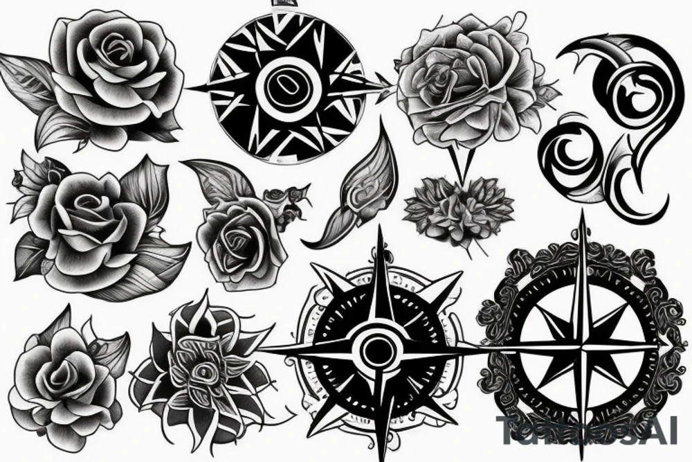 Compass, black rose, moon tattoo idea