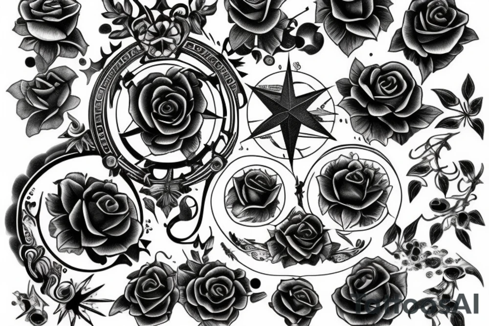 Compass, black rose, moon tattoo idea