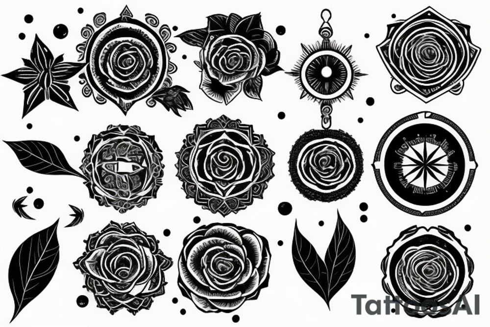 Compass, black rose, moon tattoo idea