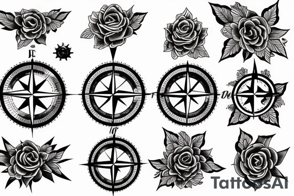 Compass, black rose, moon tattoo idea