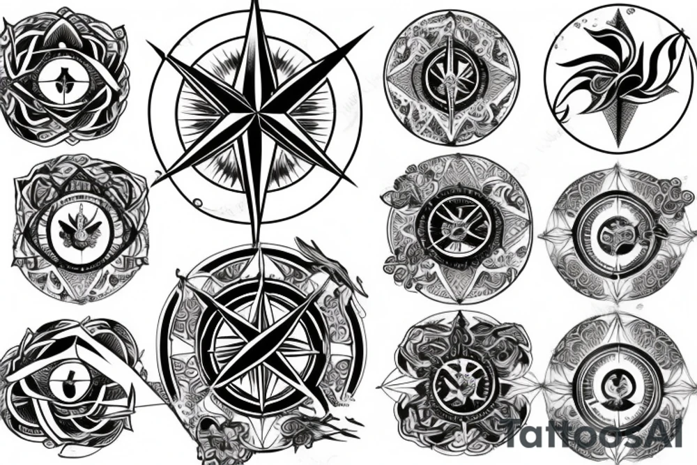Compass, black rose, moon tattoo idea