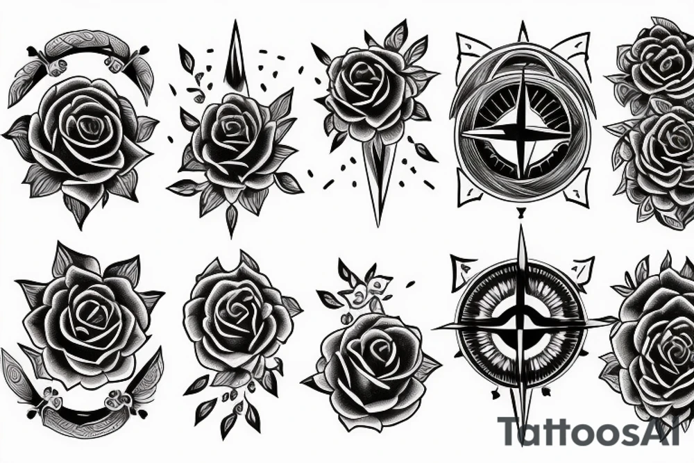 Compass, black rose, moon tattoo idea