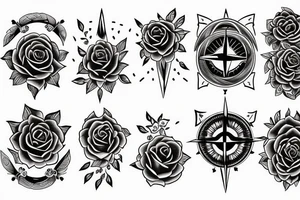 Compass, black rose, moon tattoo idea