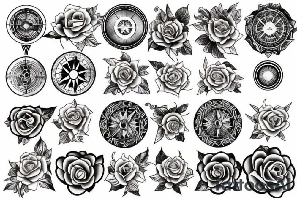 Compass, black rose, moon tattoo idea