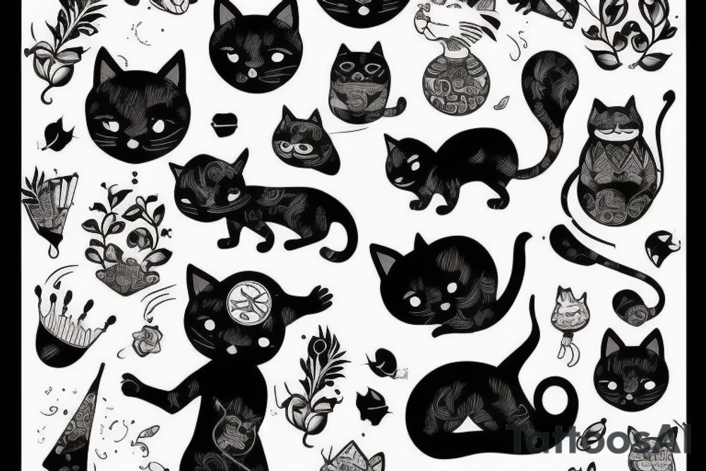 Gato preto com chapéu engraçado e suéter tattoo idea