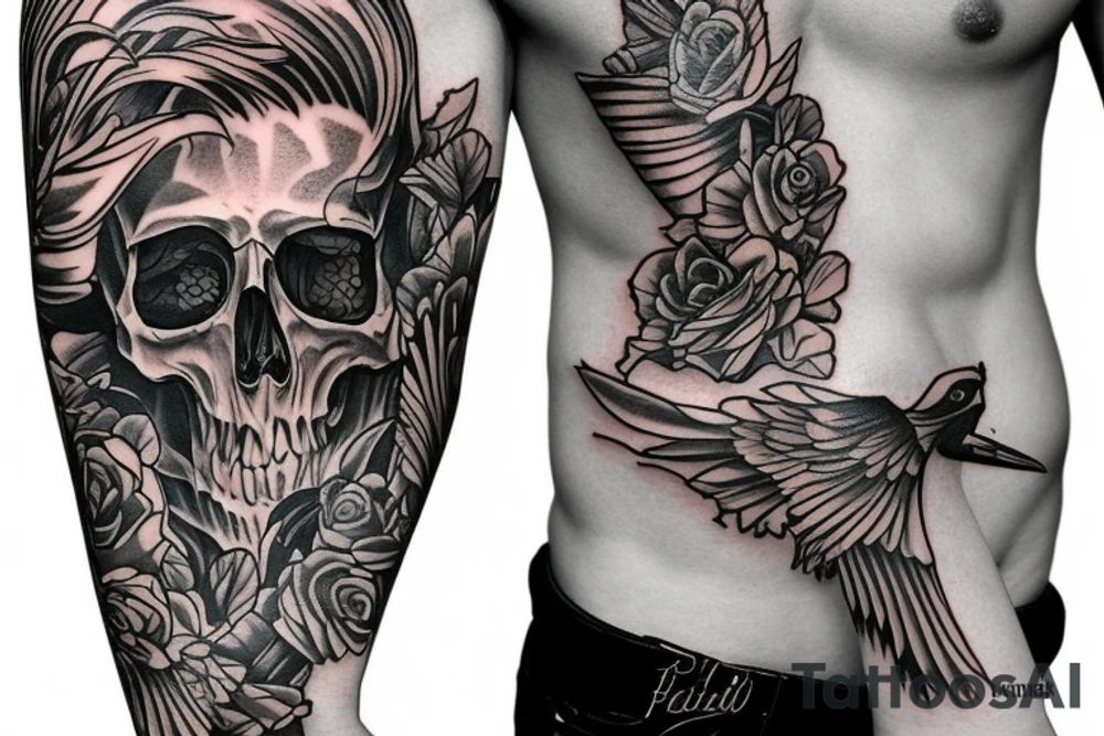 phoenix and skull sleeve tattoo idea
