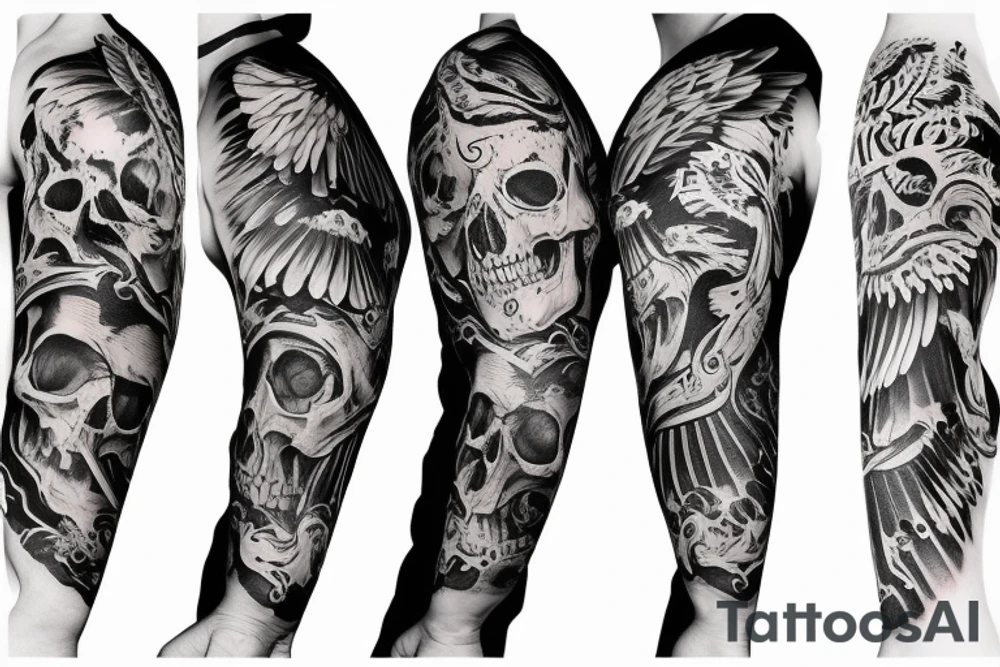 skull and eagle sleeve design tattoo idea