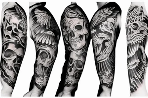 skull and eagle sleeve design tattoo idea