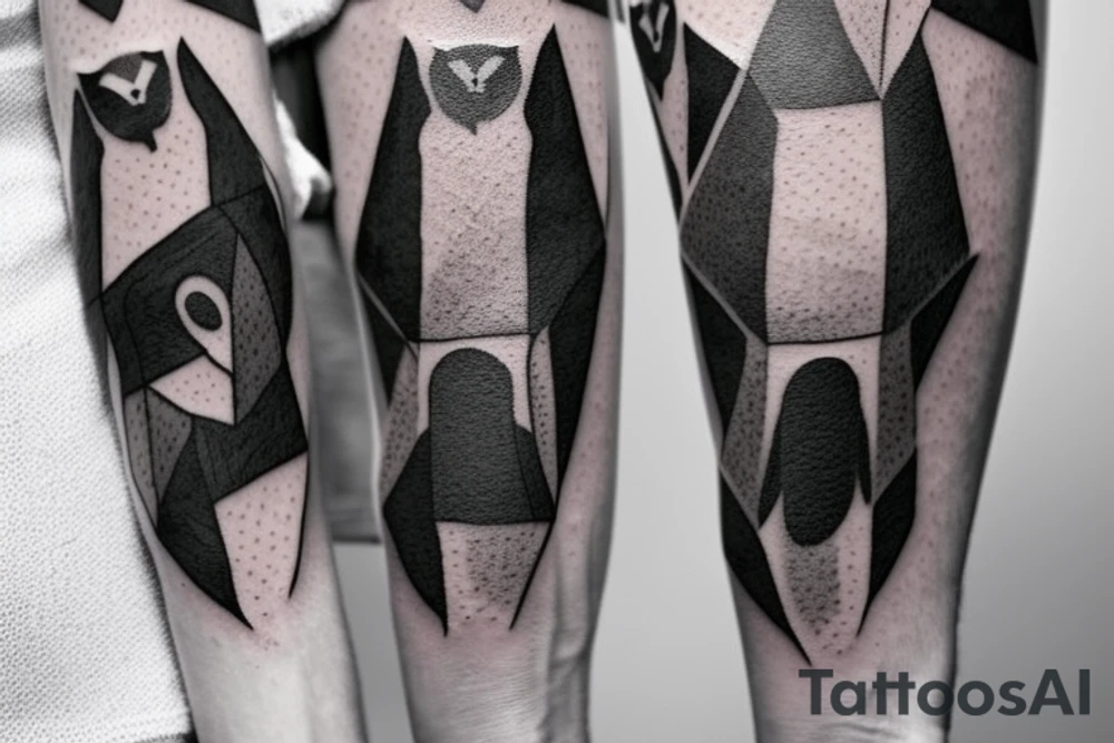 Geometric Shepherd Tattoo with 3 Black Panthers

This tattoo is a simple and elegant geometric design of a shepherd walking west, holding a staff in his left hand. The shepherd is tall and thin, with long hair and a beard. He is wearing a long robe and a staff in his left hand. Three black panthers follow him. The panthers are drawn in thin and elegant lines, and the background of the tattoo is blank.

This tattoo would be a perfect choice for someone who wants a meaningful and unique tattoo. The shepherd represents leadership, protection, and guidance, and the panthers represent strength, power, and mystery. This tattoo can be a reminder that we are always being guided and protected by those who love us, and that we have the power to overcome any obstacle.

The tattoo would also be a great choice for someone who wants a tattoo with a unique style. The geometric design is modern and elegant, and it would look great on any part of the body.

Tattoo Specifications:

Style: Geometric
Color: Black lines
Background: Blank
Description: A tall and thin man, walking west, holding a staff in his left hand, followed by three black panthers. tattoo idea