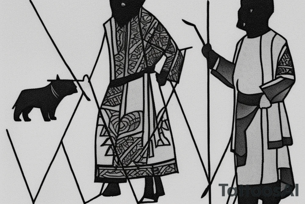 Geometric Shepherd Tattoo with 3 Black Panthers

This tattoo is a simple and elegant geometric design of a shepherd walking west, holding a staff in his left hand. The shepherd is tall and thin, with long hair and a beard. He is wearing a long robe and a staff in his left hand. Three black panthers follow him. The panthers are drawn in thin and elegant lines, and the background of the tattoo is blank.

This tattoo would be a perfect choice for someone who wants a meaningful and unique tattoo. The shepherd represents leadership, protection, and guidance, and the panthers represent strength, power, and mystery. This tattoo can be a reminder that we are always being guided and protected by those who love us, and that we have the power to overcome any obstacle.

The tattoo would also be a great choice for someone who wants a tattoo with a unique style. The geometric design is modern and elegant, and it would look great on any part of the body.

Tattoo Specifications:

Style: Geometric
Color: Black lines
Background: Blank
Description: A tall and thin man, walking west, holding a staff in his left hand, followed by three black panthers. tattoo idea