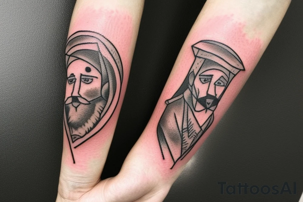 This tattoo is a simple and elegant geometric design of a shepherd walking west, holding a staff in his left hand. The shepherd is tall and thin, with long hair and a beard. He is wearing a long robe and a staff in his left hand. Three black panthers follow him. The panthers are drawn in thin and elegant lines, and the background of the tattoo is blank.

This tattoo would be a perfect choice for someone who wants a meaningful and unique tattoo. The shepherd represents leadership, protection, and guidance, and the panthers represent strength, power, and mystery. This tattoo can be a reminder that we are always being guided and protected by those who love us, and that we have the power to overcome any obstacle.

The tattoo would also be a great choice for someone who wants a tattoo with a unique style. The geometric design is modern and elegant, and it would look great on any part of the body.

Tattoo Specifications:

Style: Geometric
Color: Black lines
Background: Blank
Description: A tall and thin man, walking west, holding a staff in his left hand, followed by three black panthers. tattoo idea