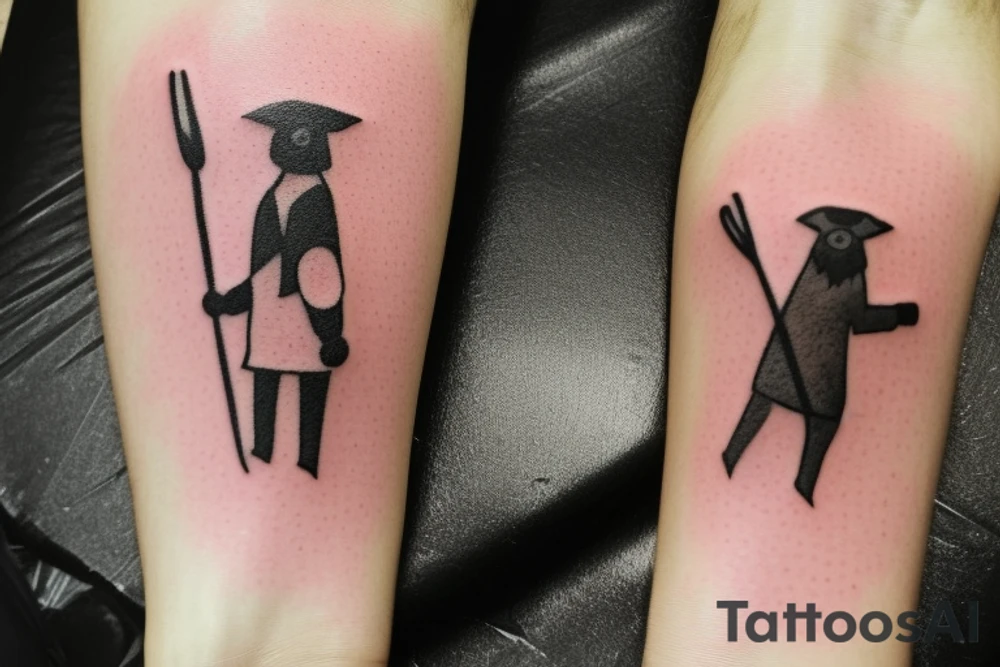 This tattoo is a simple and elegant geometric design of a shepherd walking west, holding a staff in his left hand. The shepherd is tall and thin, with long hair and a beard. He is wearing a long robe and a staff in his left hand. Three black panthers follow him. The panthers are drawn in thin and elegant lines, and the background of the tattoo is blank.

This tattoo would be a perfect choice for someone who wants a meaningful and unique tattoo. The shepherd represents leadership, protection, and guidance, and the panthers represent strength, power, and mystery. This tattoo can be a reminder that we are always being guided and protected by those who love us, and that we have the power to overcome any obstacle.

The tattoo would also be a great choice for someone who wants a tattoo with a unique style. The geometric design is modern and elegant, and it would look great on any part of the body.

Tattoo Specifications:

Style: Geometric
Color: Black lines
Background: Blank
Description: A tall and thin man, walking west, holding a staff in his left hand, followed by three black panthers. tattoo idea