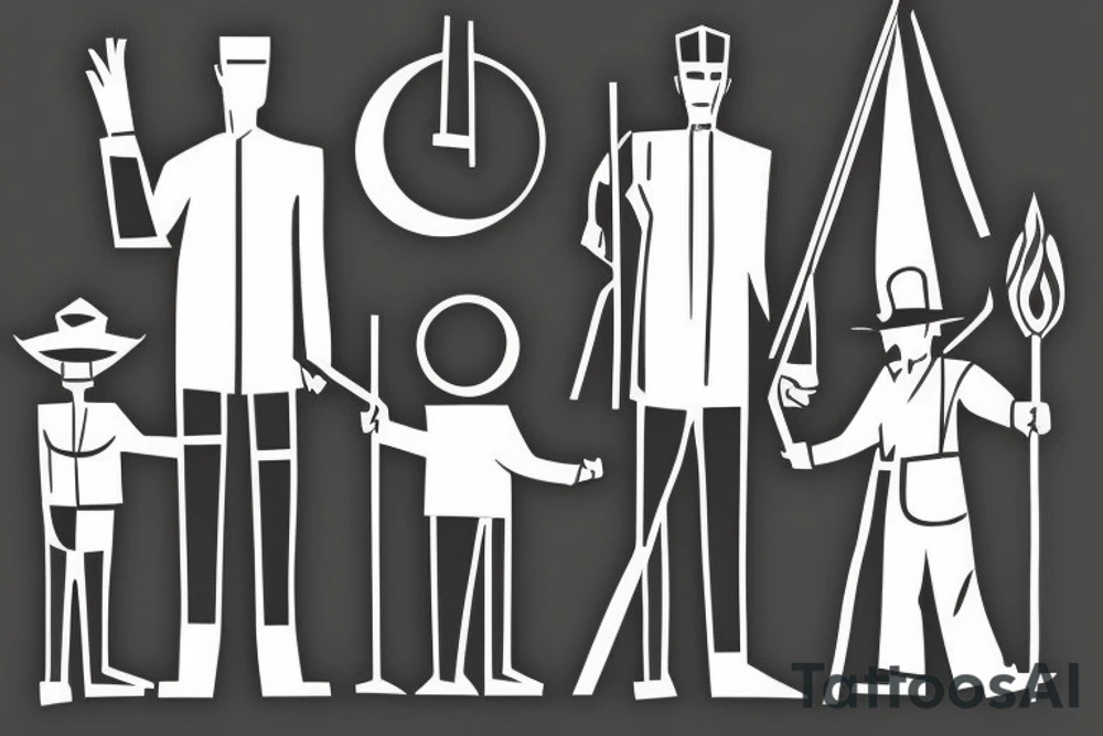 Style: Geometric
Color: Black lines
Background: Blank
Description: A tall and thin man, walking west, holding a staff in his left hand, followed by three black panthers. tattoo idea