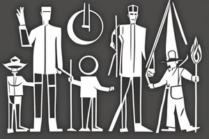 Style: Geometric
Color: Black lines
Background: Blank
Description: A tall and thin man, walking west, holding a staff in his left hand, followed by three black panthers. tattoo idea