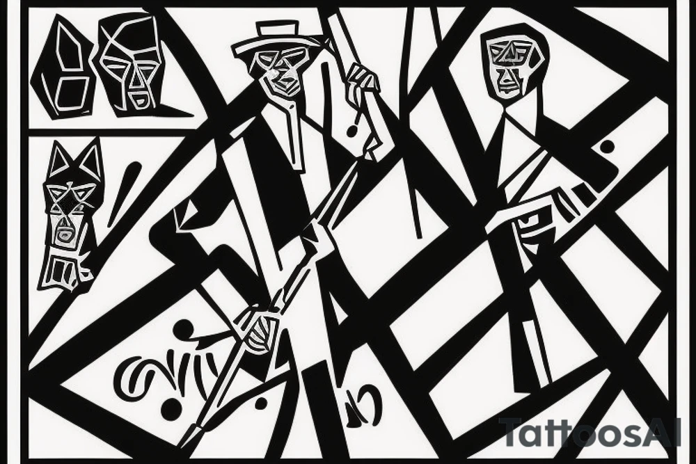 Style: Geometric
Color: Black lines
Background: Blank
Description: A tall and thin man, walking west, holding a staff in his left hand, followed by three black panthers. tattoo idea