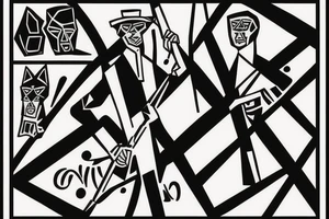 Style: Geometric
Color: Black lines
Background: Blank
Description: A tall and thin man, walking west, holding a staff in his left hand, followed by three black panthers. tattoo idea