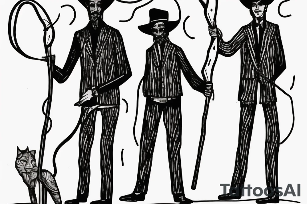 Description: A tall and thin man, walking west, holding a staff in his left hand, followed by three black panthers. tattoo idea