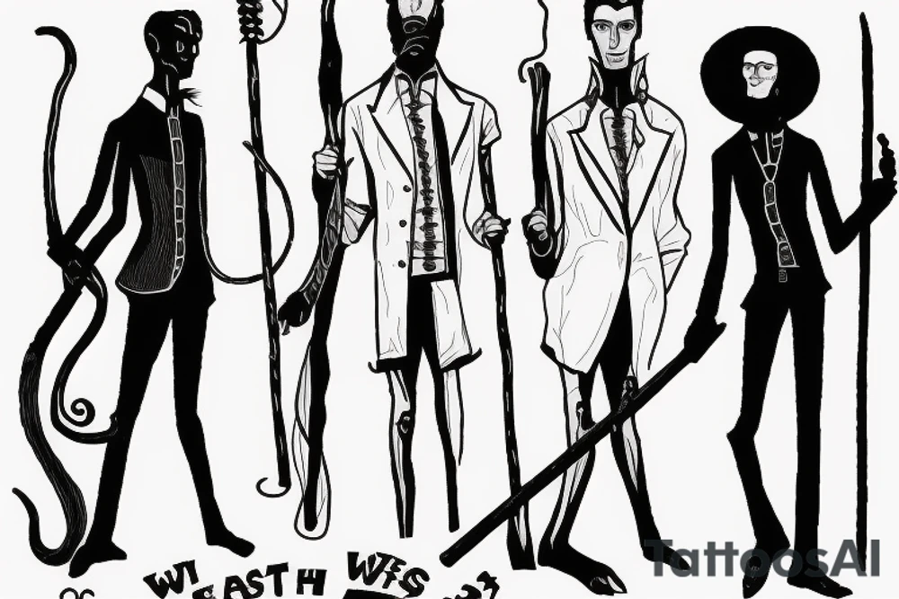 Description: A tall and thin man, walking west, holding a staff in his left hand, followed by three black panthers. tattoo idea