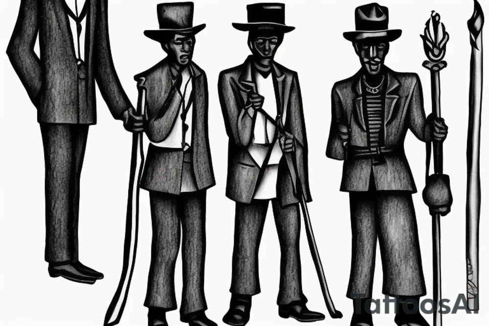 Description: A tall and thin man, walking west, holding a staff in his left hand, followed by three black panthers. tattoo idea