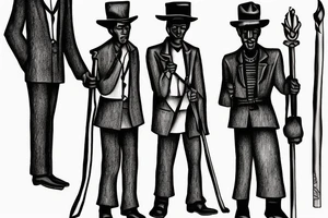 Description: A tall and thin man, walking west, holding a staff in his left hand, followed by three black panthers. tattoo idea
