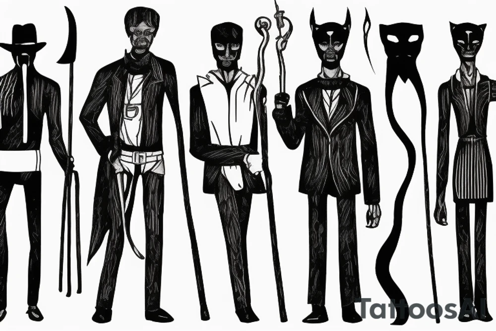 Description: A tall and thin man, walking west, holding a staff in his left hand, followed by three black panthers. tattoo idea