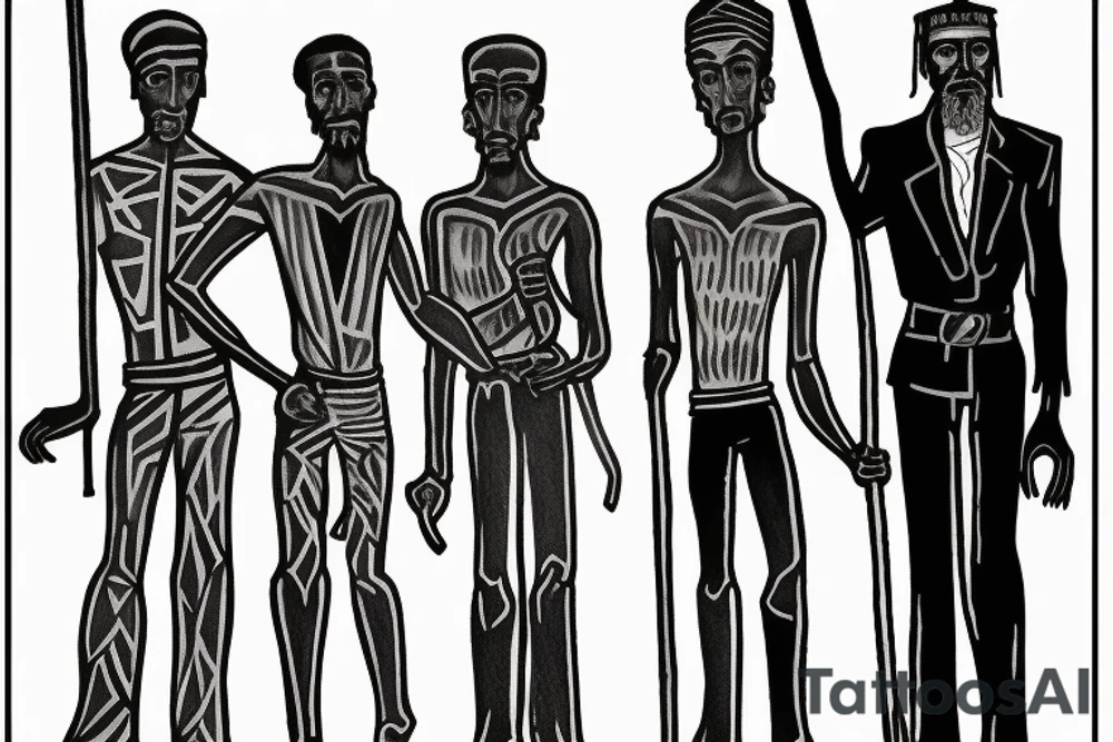 Description: A tall and thin man, walking west, holding a staff in his left hand, followed by three black panthers. The man looks like a shepherd from the times of Jesus Christ tattoo idea