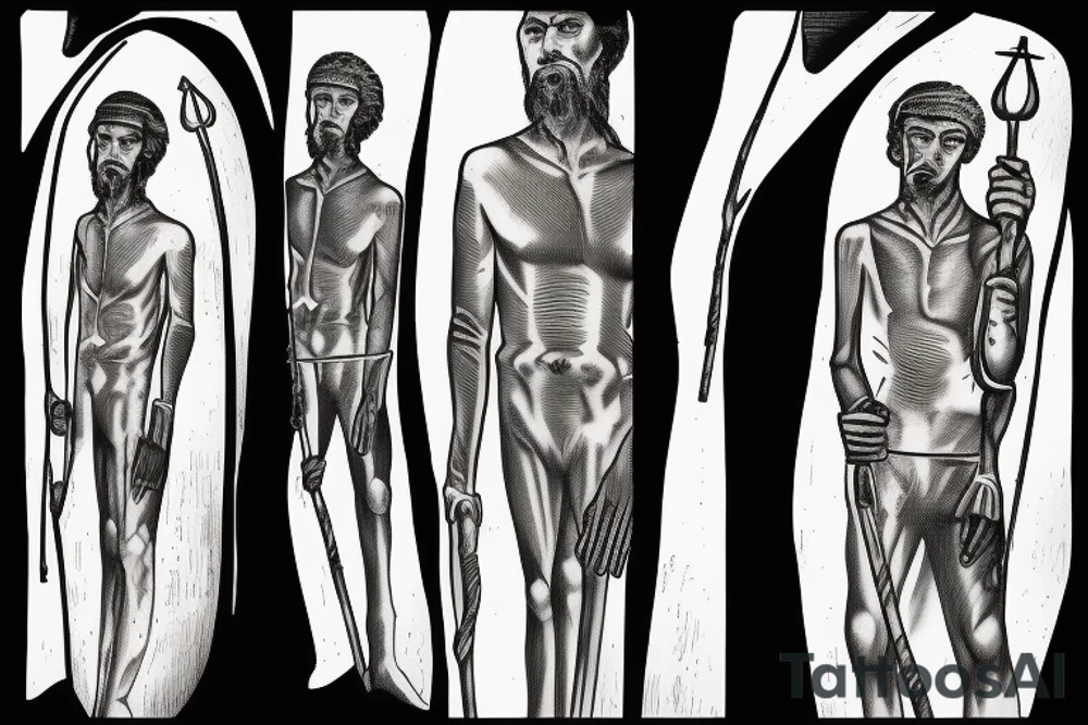Description: A tall and thin man, walking west, holding a staff in his left hand, followed by three black panthers. The man looks like a shepherd from the times of Jesus Christ tattoo idea