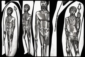 Description: A tall and thin man, walking west, holding a staff in his left hand, followed by three black panthers. The man looks like a shepherd from the times of Jesus Christ tattoo idea
