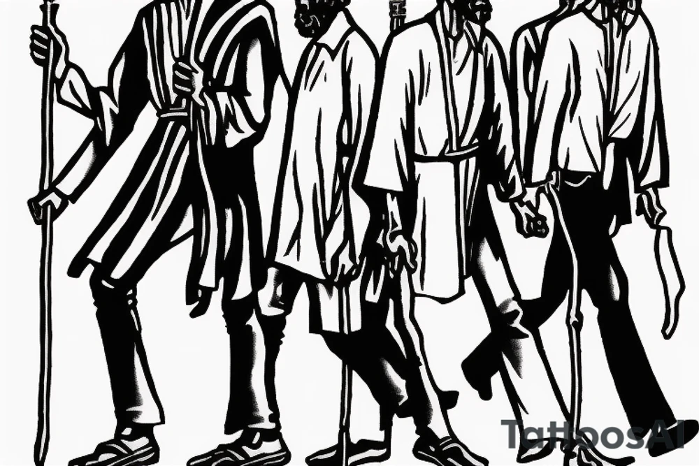 Description: A tall and thin man, walking west, holding a staff in his left hand, followed by three black panthers. The man looks like a shepherd from the times of Jesus Christ tattoo idea