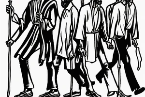 Description: A tall and thin man, walking west, holding a staff in his left hand, followed by three black panthers. The man looks like a shepherd from the times of Jesus Christ tattoo idea