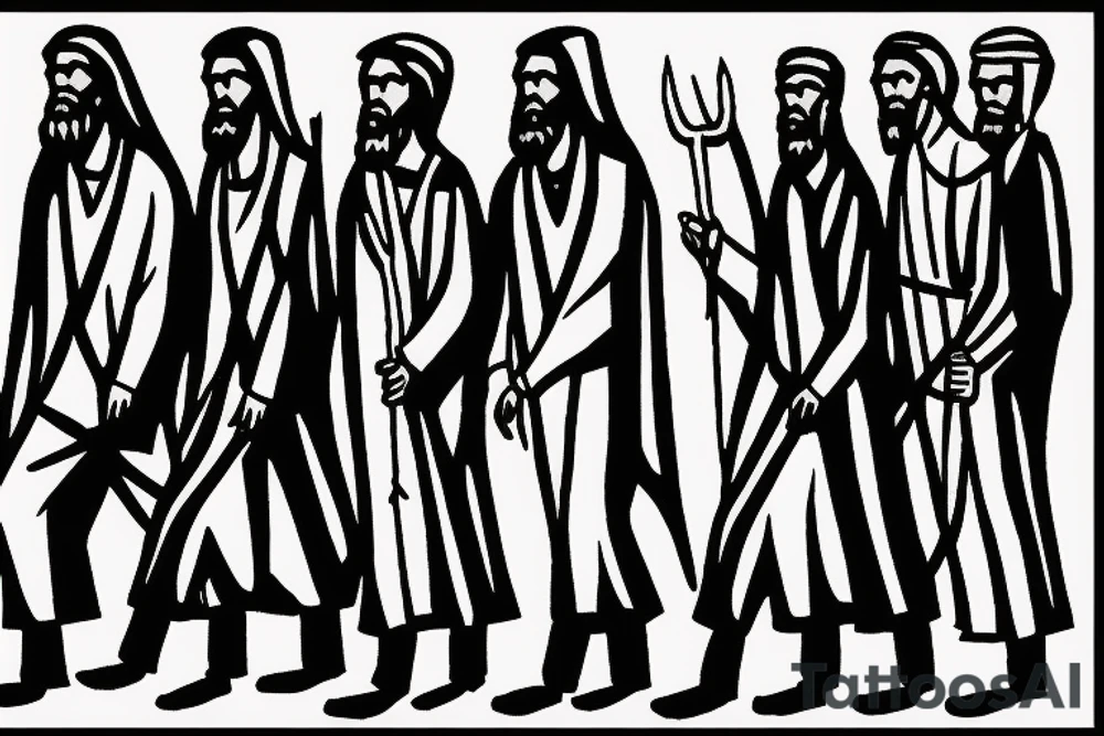 Description: A tall and thin man, walking west, holding a staff in his left hand, followed by three black panthers. The man looks like a shepherd from the times of Jesus Christ tattoo idea