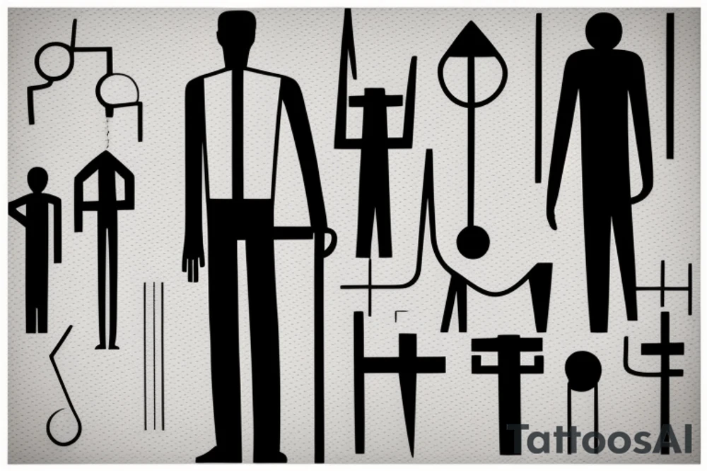 Style: Geometric
Color: Black lines
Background: Blank
Description: A tall and thin man, walking west, holding a staff in his left hand tattoo idea