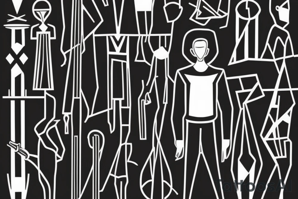 Style: Geometric
Color: Black lines
Background: Blank
Description: A tall and thin man, walking west, holding a staff in his left hand tattoo idea