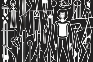 Style: Geometric
Color: Black lines
Background: Blank
Description: A tall and thin man, walking west, holding a staff in his left hand tattoo idea