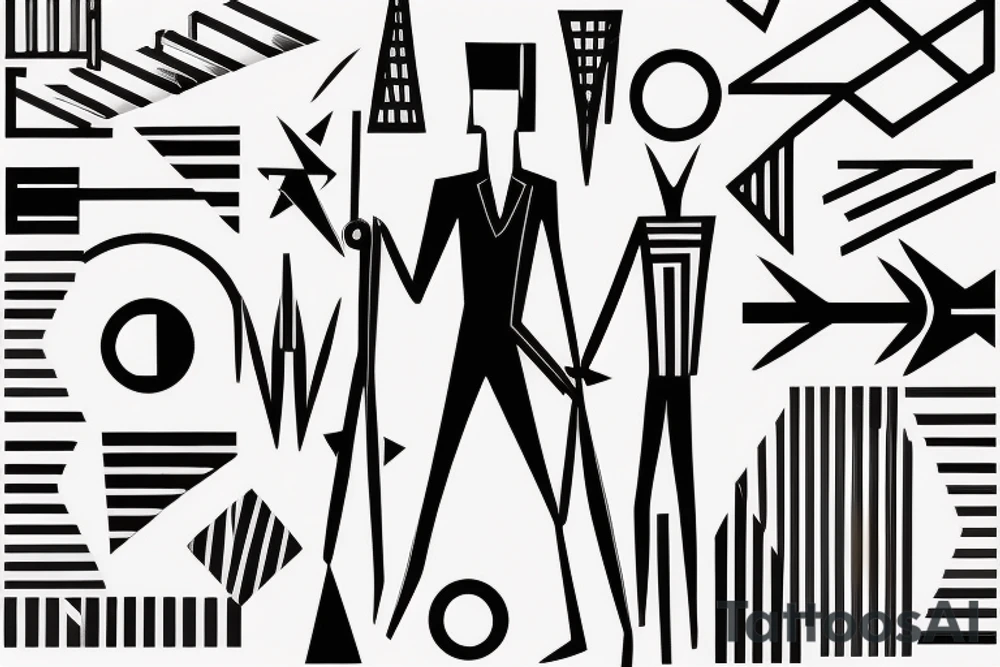 Style: Geometric
Color: Black lines
Background: Blank
Description: A tall and thin man, walking west, holding a staff in his left hand tattoo idea