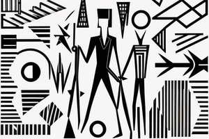 Style: Geometric
Color: Black lines
Background: Blank
Description: A tall and thin man, walking west, holding a staff in his left hand tattoo idea
