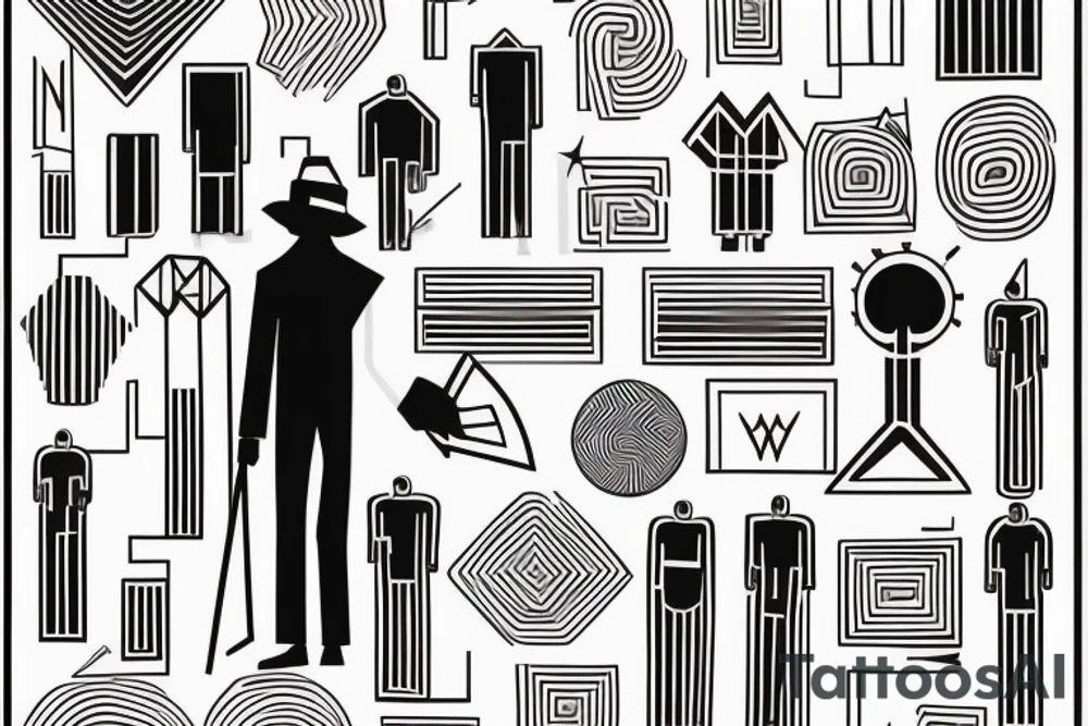 Style: Geometric
Color: Black lines
Background: Blank
Description: A tall and thin man, walking west, holding a staff in his left hand tattoo idea