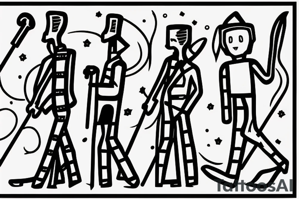 Color: Black lines
Background: Blank
Description: A tall and thin man, walking west, holding a staff in his left hand tattoo idea