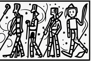 Color: Black lines
Background: Blank
Description: A tall and thin man, walking west, holding a staff in his left hand tattoo idea