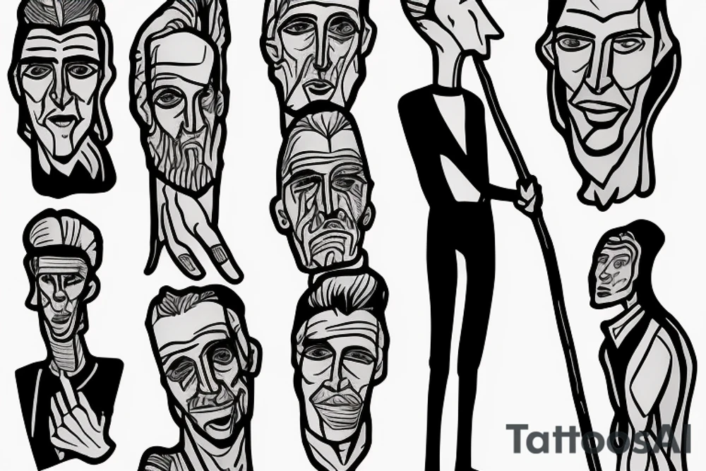 Color: Black lines
Background: Blank
Description: A tall and thin man, walking west, holding a staff in his left hand tattoo idea