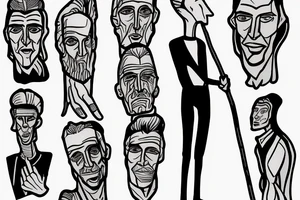Color: Black lines
Background: Blank
Description: A tall and thin man, walking west, holding a staff in his left hand tattoo idea