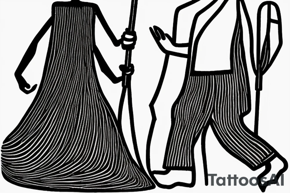 Color: Black lines
Background: Blank
Description: A tall and thin man, walking west, holding a staff in his left hand tattoo idea
