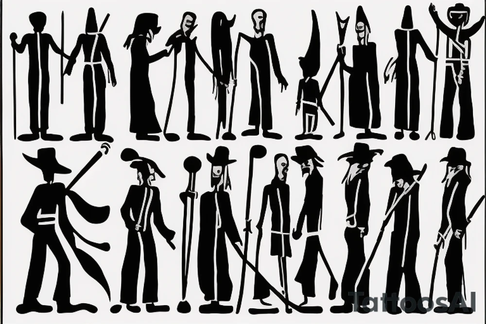 Color: Black lines
Background: Blank
Description: A tall and thin man, walking west, holding a staff in his left hand tattoo idea
